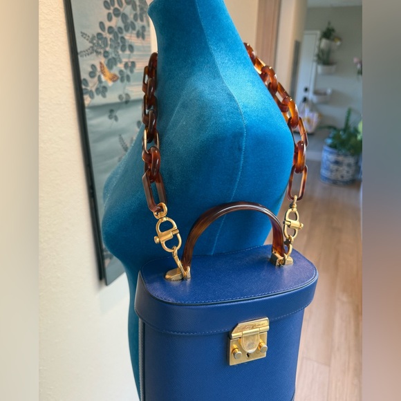 Mark Cross Saffiano Benchley Handbag - Tortoise Handle/Chain Strap - Navy - Picture 9 of 11